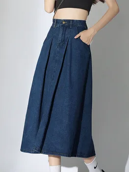 Epocă de Mare Talie O-Linie Blugi Fuste Femei Fusta din Denim 2023 Noi Buzunar Albastru Midi Saias Mujer Streetwear Moda coreeană Y2K