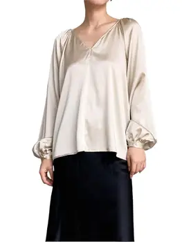 Fashion Street Slik Bluza High End Acetat de Satin Topuri de Mari Dimensiuni de Primavara Toamna Femei Formale Tricou V-neck Maneca Lunga Bottom