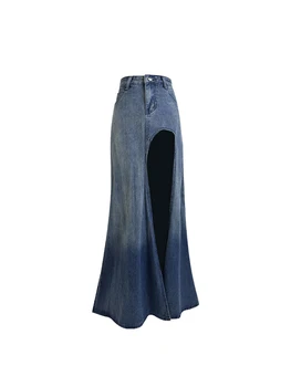 Femei Albastru Denim Fusta Y2k Fusta Lunga Harajuku coreean ' 90 Moda Vintage-linie Jean Trompeta Fusta cu Slit 2000 Haine 2023