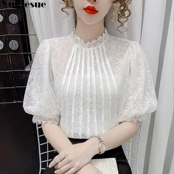 Femei Broderie Eleganta de Vara Noi Bule Maneca Scurta Șifon Cămașă Subțire T-shirt Harajuku Estetica Unic Dantela Cămașă Femei