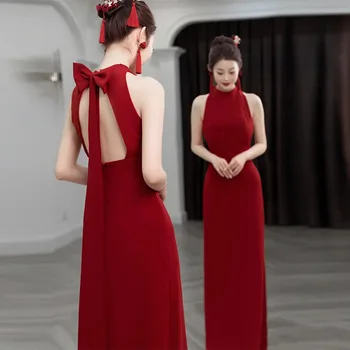 Femei Burgundia Qipao Backless Arc Cheongsam Elegante De Seara Căpăstru Rochie Lunga De Mireasa De La Nunta Vestidos Chineză Stil De Rochie