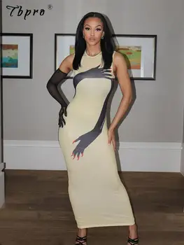 Femei de Moda de Artă Brațul Print Slim Rochie Maxi Y2K O Talie Mare Cu O Mănușă Rochie de sex Feminin fără Mâneci Vacanta Vestidos