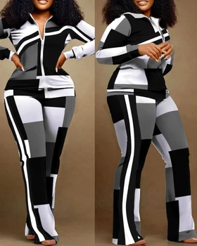 Femei de Moda Toamna Geometric Print Zip de Sus și Pantaloni Set pentru Femei Haine Casual Sportiv Tricou Seturi 2 Piese Costum de Haine