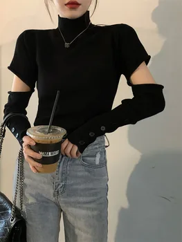 Femei De Primăvară Bluza Unic Tricotaje Nou Negru Cu Straturi De Înaltă Gât Hidroizolatie Sens Design Slim Fit Picant Fata Top Scurt D4501