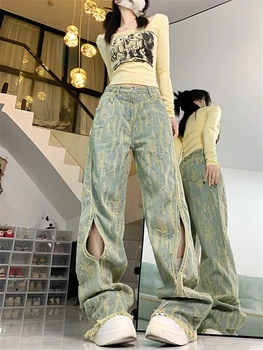 Femei Rupt Gaura Margine Dur Design Denim Pantaloni American Vintage Stil de Stradă Blugi Casual sex Feminin de Înaltă Talie Pantaloni Drepte
