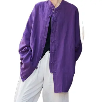 Femei Stil Chinezesc Ramie Tricouri Stand Guler Batwing Maneca Lunga Bluze De Culoare Solidă Butonul Vintage Casual Tricouri Largi