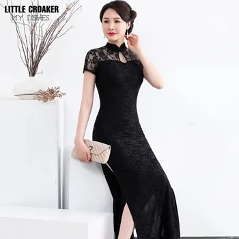 Femei Vara High-end Cheongsam Rochie de Femei Chineze Îmbunătățit Atmosferice cu Mâneci Lungi Negru Elegant, Retro Stil Chinoiserie