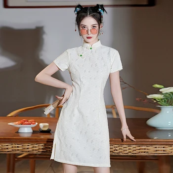 Femei Îmbrăcăminte Nou Chinezesc Retro Îmbunătățit Cheongsam Vara Tinere Moderne Maneca Scurta Alb Qipao Rochie
