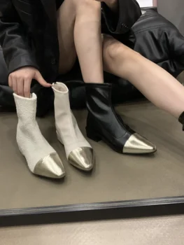 Femeie Cizme Plate Încălțăminte De Iarnă Pantofi Albi Cizme-Femei 2023 Rock Mid-Calf Cauciuc Piele Jumătatea Vițel Doamnelor Toamna Pătrat Pentru