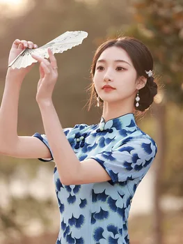 Femeile Noutate Blue Print Qipao Clasic Chinez Tradițional Rochie De Seara Sexy Slim Mare Split Cheongsam Vestidos