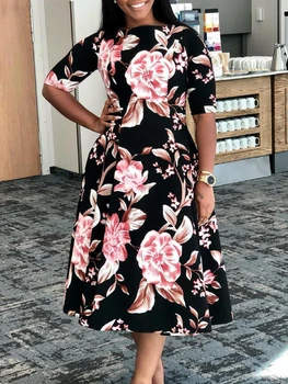 Florale Imprimate Rochii pentru Femei O Gât Jumătate Mâneci Talie Mare O Linie de Cauzalitate Moda Slim Elegant de zi cu Zi Minge Africane Vestidos