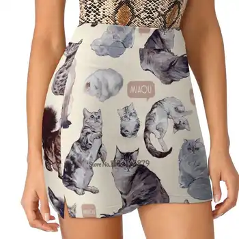 Franceză Pisici Noi Femeile Fuste In Dublu Strat, Imprimate Dress Scurtă Mini-Fusta Sport Pisici Pisicutele Drăguț Animal De Companie Natura Pisica Gri