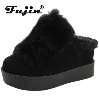 Fujin 8cm Piele naturala Papuci de Blană Platforma Wedge de Toamnă de Primăvară de Iarnă de Pluș Femei de Moda Cald Slide-uri pentru Femei Pantofi de damă
