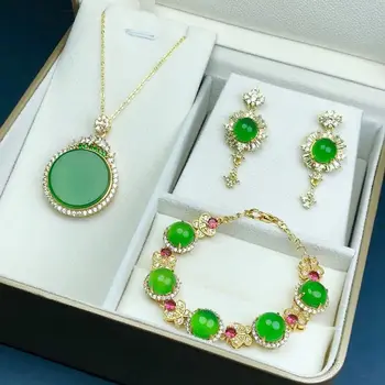 Green Jade Set De Bijuterii Femei Naturale De Smarald Calcedonie Pandantiv Legăna Cercei Bratari Si Inele Reglabile Seturi De Bijuterii