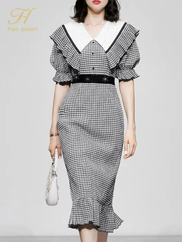 H Han Regina rochii de vara femei 2022 felinar sleeve slim împletit carouri casual vintage moda simplu ciufulit rochie coadă de pește