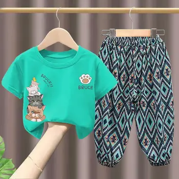 Haine pentru copii Set Baieti de Vara din Bumbac cu Maneci Scurte T-shirt + Moda Pantaloni Imprimate 2 Buc Set 3-8Y