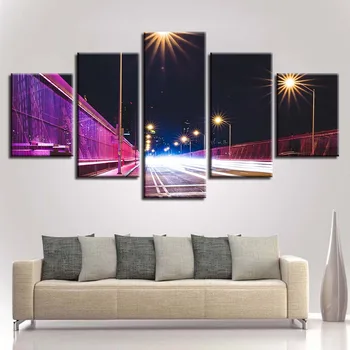 HD Printuri Cadru Art Decor Modular 5 Bucati de Autostrada Si Lumini Scena de Noapte Pictura Pentru Camera de zi de Perete Panza Imagini