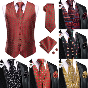 Hi-Cravată de Mătase Roșie Crăciunul Vestă de Bărbați Cravata de Afaceri Formale Rochie Subțire fără Mâneci Jacheta 4PC Batista Buton Paisley Costum Vesta