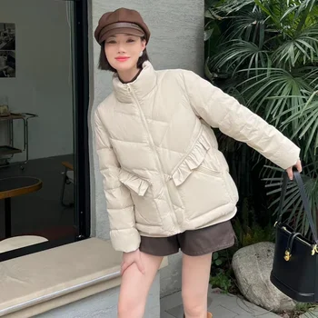 Iarna Femei Alb Rață Jos Jacheta Stand Up Guler Rouched Decor De Moda Coreeană Liber Caot Gros Rezistent La Apa Calda Parka