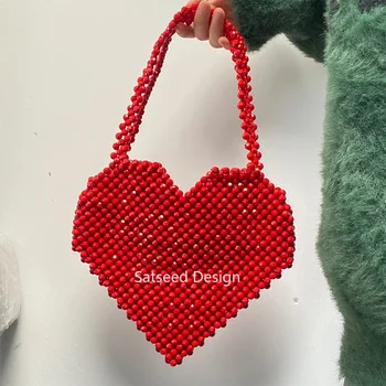 Inima rosie cu Margele de Proiectare Sac Geantă de mână pentru Femei Genți de mână Adauga Cataramă Magnetică Geanta pentru Fete Portabil Țesute Manual cu Sac Interior