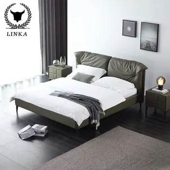 Italiană minimalist din piele pat, minimalist modern, dormitor matrimonial din piele de artă pat, Nordic light lux cap dublu din piele pat