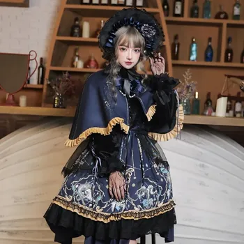 Japoneză Dress Gotic Lolita Cape Fete OP Victorian Medieval Dantelă Neagră Femei Punk Rochie Kawaii Haine Retro Jumătate de cap Capota