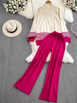Jumătate Guler Înalt Dungi Pulover Pulover Împletit De Femei Coreene Talie Mare Drept Larg Picioarele Tricotate Două Bucata Set Bluze