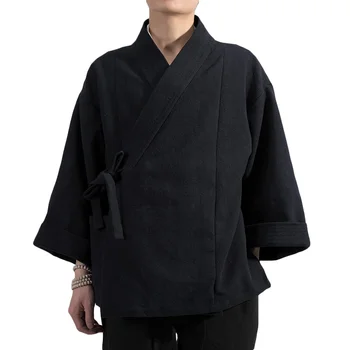 Kimono japonez Jacheta Barbati Plus Dimensiune Vrac Lenjerie de pat din Bumbac Hanfu Cardigan cu Cordon Dinastiei Tang Retro Strat de Top