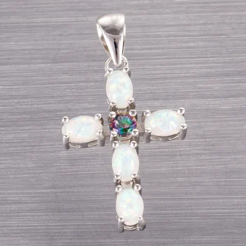 KONGMOON Cruce latină Mystic Piatra Curcubeu Alb Opal Placat cu Argint Bijuterii pentru Femei Pandantiv Colier