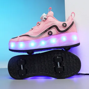 LED Copii Patru Roți Pantofi de Moda Butonul Rotativ pentru Copii Patine cu Role de Încărcare USB Băieți și Fete și Femei Adidași Mărimea 30-40