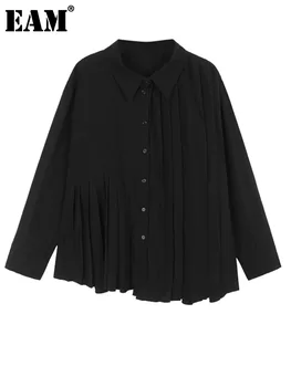 [MEM] Femei Negru Neregulat Plisată Mare Dimensiune Bluza Noua Rever Maneca Lunga Tricou Vrac se Potrivi Moda Primavara Toamna anului 2024 1DH1013