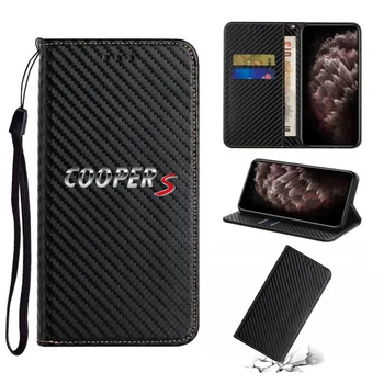 Mini Cooper Masina de Lux din Fibra de Carbon Telefon Caz Pentru iPhone 7 8 SE 14 13 12 11 Pro X XS XR Max Cover Portofel cu Slot pentru Card Flip