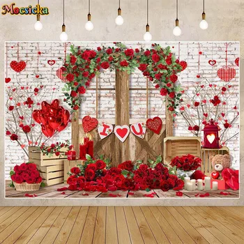 Mocsicka Ziua Îndrăgostiților Fundal Red Rose Dragoste Inima de Lemn Usa de Perete de Cărămidă de Nunta Fotografie de Fundal pentru Studio Foto elemente de Recuzită