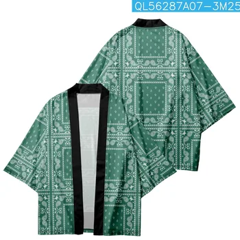 Moda Geometrie Paisley Print Green Kimono 2023 Japoneze Femei Barbati Vara Plaja Cardigan Yukata Haori Tricouri Top
