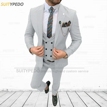 Moda Gri deschis Bărbați Costum Slim Fit Afaceri Bal Nunta Sacou Vesta Pantaloni 3 Piese Set 2023 Formale Alb Costume pentru Bărbați