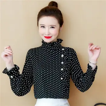 Moda Pentru Femei Cu Maneca Lunga Tricouri 2022 Toamnă La Modă Ciuperca Despicare Cu Buline Bluza Șifon Zână Bottom Tricou Femei Topuri
