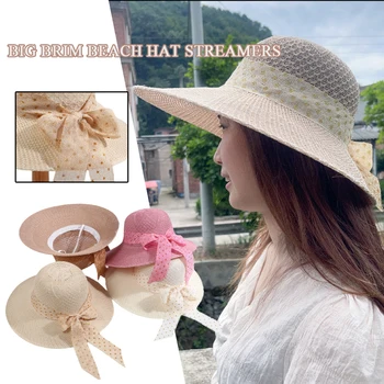 Moda Pliabil Margine Largă Pălărie De Soare Fetele Paie Împletite Capace Panglică Bowknot Plaja Pălărie De Protecție Solară Doamnelor De Călătorie De Vară Capace
