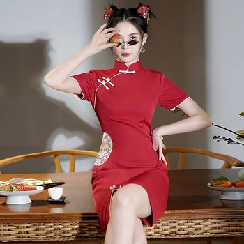 Național de Noul Stil Chinezesc Rosu Îmbunătățit Cheongsam Tânăr de zi cu Zi Slim Maneci Scurte Qipao Rochie CNY