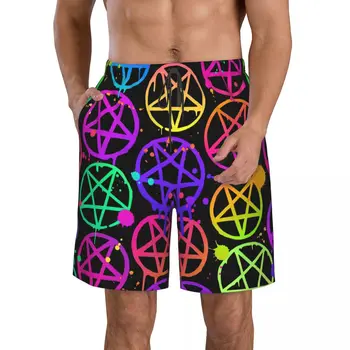 Neon Pentagrama de Imprimare 3D de Vară pentru Bărbați pantaloni Scurți de Plajă Hawaiiană Stil Liber Cordon Acasa pantaloni Scurți