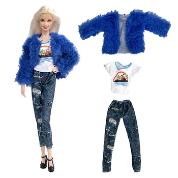 NK 1 Set de Moda de Iarnă Haina Albastru +Tricou +Blugi pentru Papusa Barbie Haine de Moda Tinuta de zi cu Zi Pentru 1/6 Păpușă Jucărie pentru Copii Accesorii