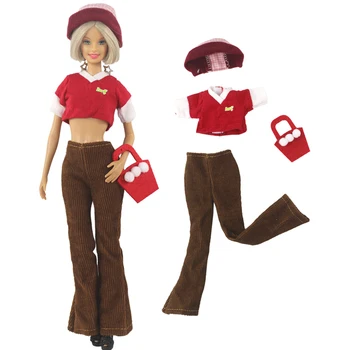 NK 4 Buc/Set Moda Moderne Topuri+ Red Hat+Timp Trouseres + Cute Pungi pentru Papusa Barbie Accesorii Fierbinte de Vânzare Jucării pentru Copii