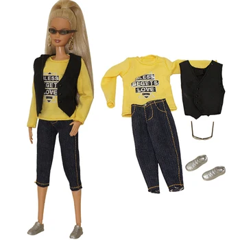 NK Oficial 1 Set Strada stil casual haine papusa: galben cu maneci lungi tricou+pantaloni+vesta+pantofi+ochelari de soare Pentru Barbie Papusa de Jucarie