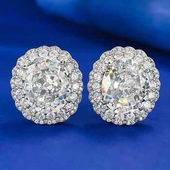 Noi Argint 925 Importate Ridicat de Carbon Diamant 12 * 14mm Ovale, Flori de Gheață Tăiate Știfturi de Ureche Luxos Încrustat cu Plin de Diamante