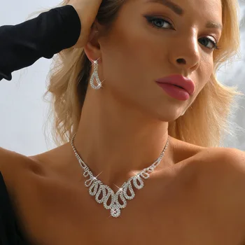 Noi Transfrontaliere Moda Bijuterii Accesorii De Nunta De Argint Diamante Pline De Femei Scobite Gheara Lanț Colier Cercei Set