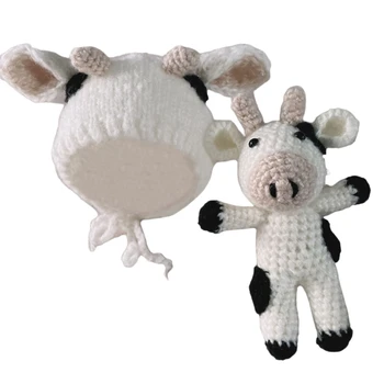 Nou-născut Fotografie Prop Croșetat Tricotate Beanie Hat cu Animale de Pluș Vaca Păpușă Jucărie Set Haine pentru Copii Costume
