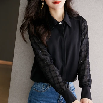 Noua Moda coreeană Doamnelor Tricouri Negre bluza Casual femei topuri Femeie, Buton Camasa Fete Maneca Lunga Bluza Py878