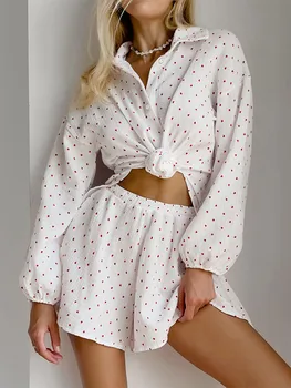 Nouă Femei De Primăvară Body Set Mini Inima Print Cu Maneci Lungi Rever Buton De Cămașă Cu Largi Picior Pantaloni Scurți, Pijamale 2 Piese