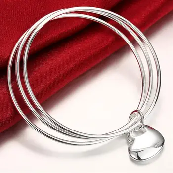 Oferta speciala Argint 925 Culoare Bratari pentru Femei trei cercuri agățat inima brățară Fata student Bijuterii de Moda de Petrecere
