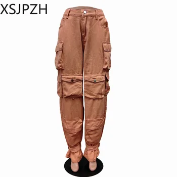 Pantaloni pentru femei Nou Toamna-Iarna Moda Casual Denim Pantaloni Culoare Solidă Direct Feminin Pantaloni Multi de Buzunar Cargo Blugi Doamnelor