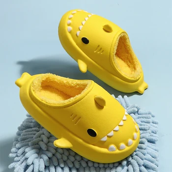 Papuci Unisex Impermeabile Desene Animate Rechin Bumbac Slipers Adulți Copii Pantofi Cald Iarna Părinte-Copii Interioară În Aer Liber Pluș Moale